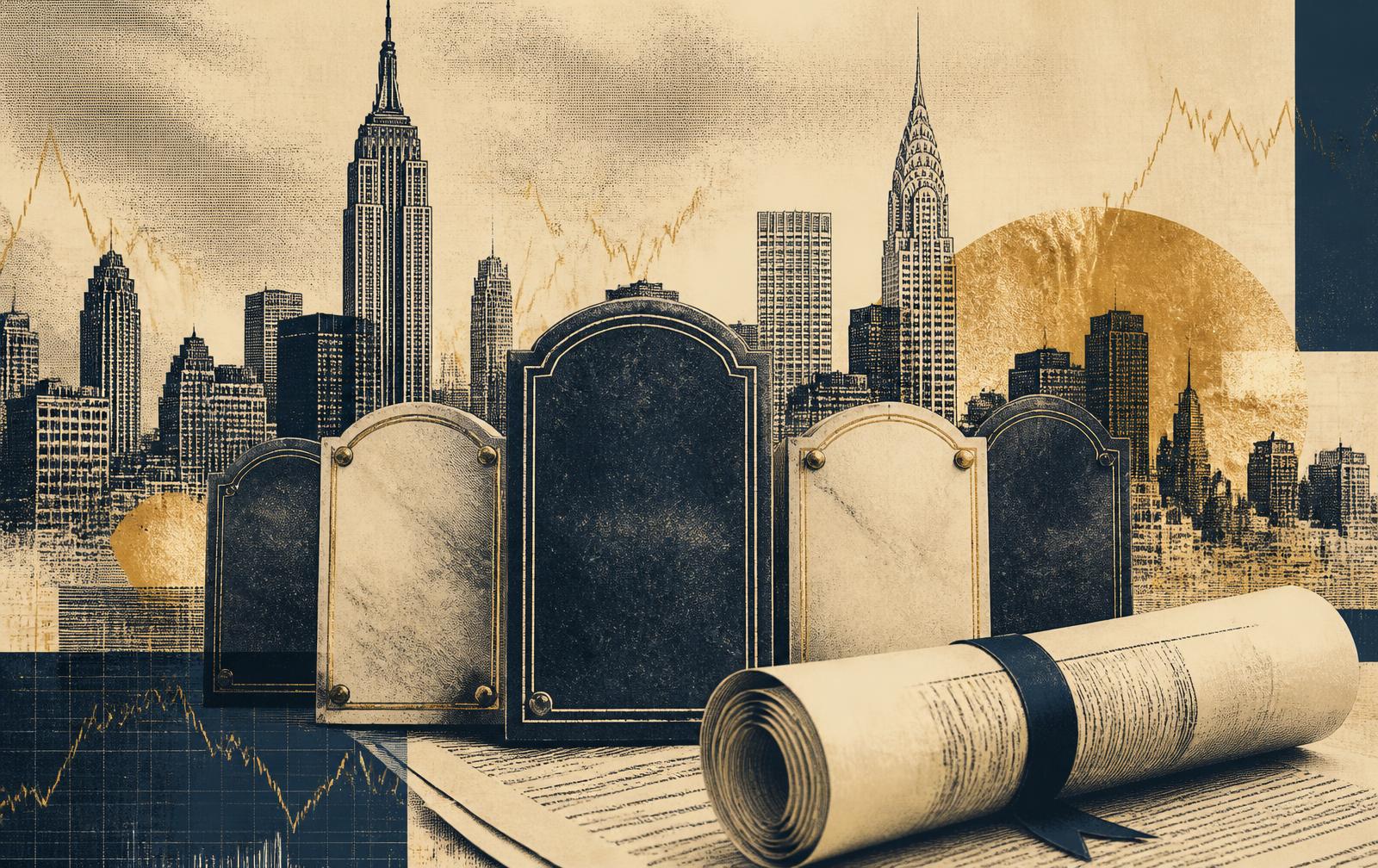Engraved skyline behind a row of deal tombstone plaques and a rolled term sheet
